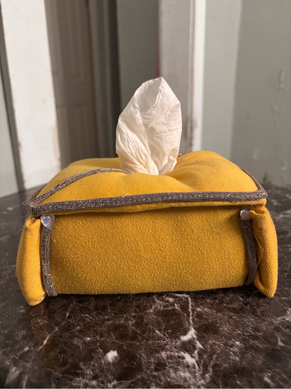 Hand Crafted Mustard Yellow Fabric Tissue Box Cover. 222